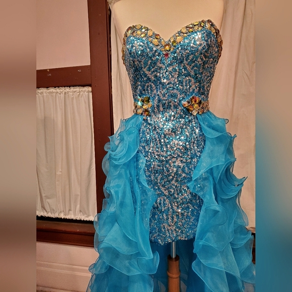 Turquoise Ruffly Hi-Lo Gown - Picture 2 of 5